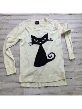 Cliche Cream Black Cat Embroidered Crewneck Sweater - Wool Blend (S/M)